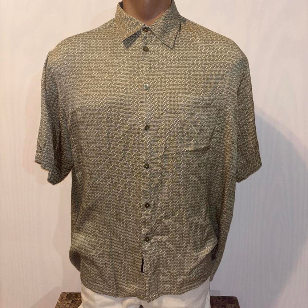 Murano Silk Button Down Shirt geometric pattern olive color size XL 100% SILK!
